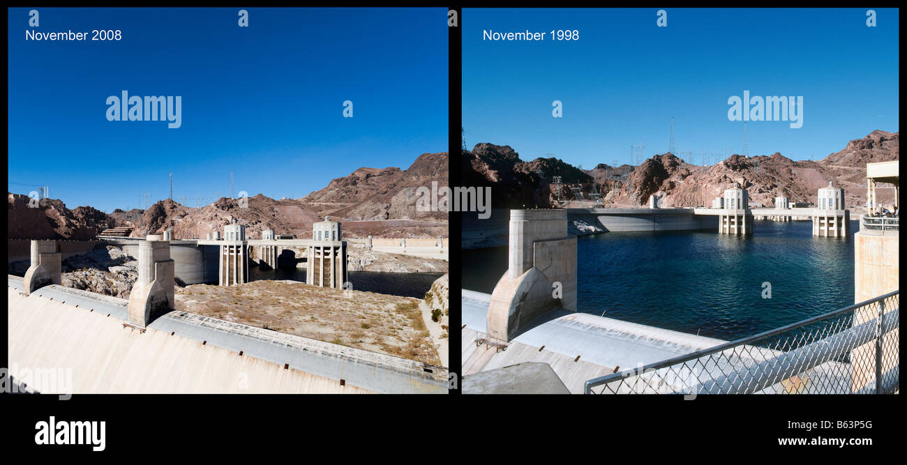 Lake Mead am Hoover-Staudamm zeigt die beispiellose Niedrigwasser Ebenen im November 2008 im Vergleich zum November 1998, Arizona / Nevada, USA Stockfoto