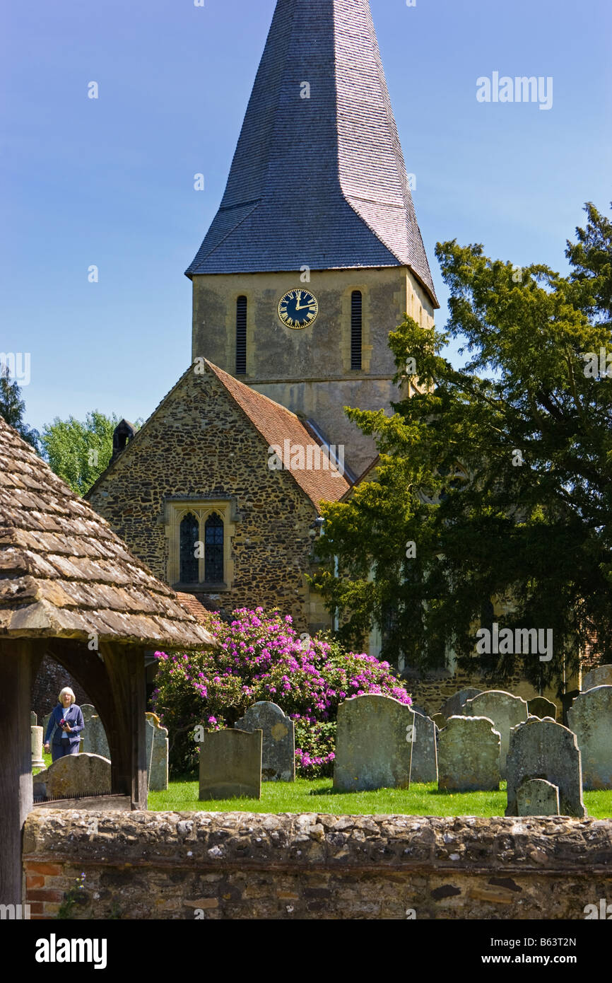 Kirche und Kirchhof von St. James in Shere Dorf, Surrey, UK Stockfoto