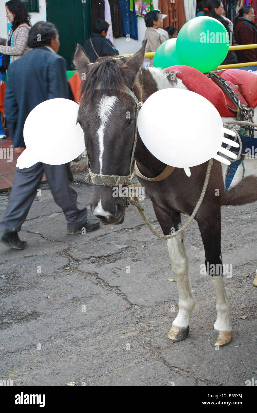 Pferd mit Luftballons dekoriert, während einer folkloristischen Parade, Tibasosa, Boyacá, Kolumbien, Südamerika Stockfoto