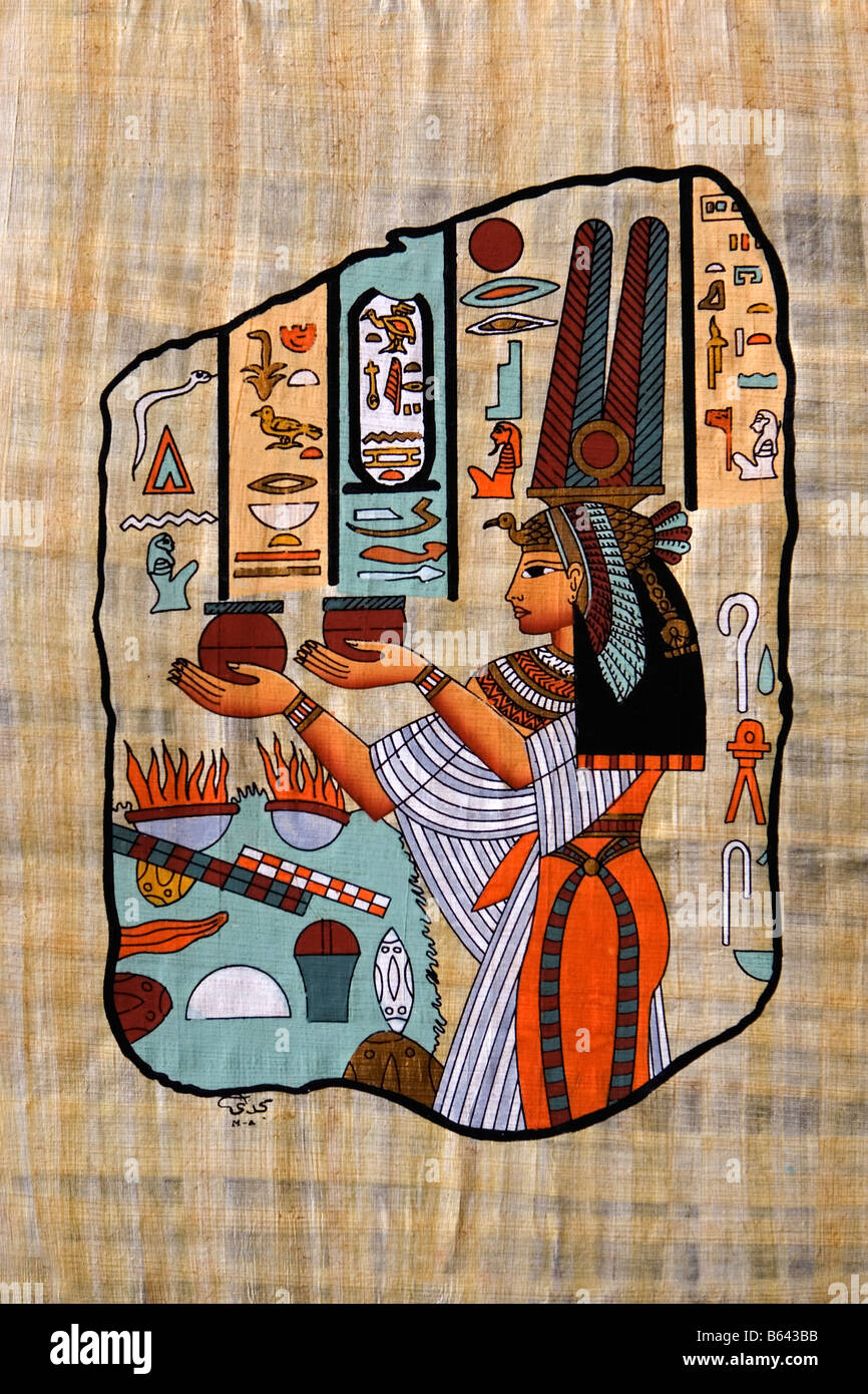 Ägypten, Kairo, Gemälde aus pharaonischen Zeiten auf Papyrus Papier. Stockfoto