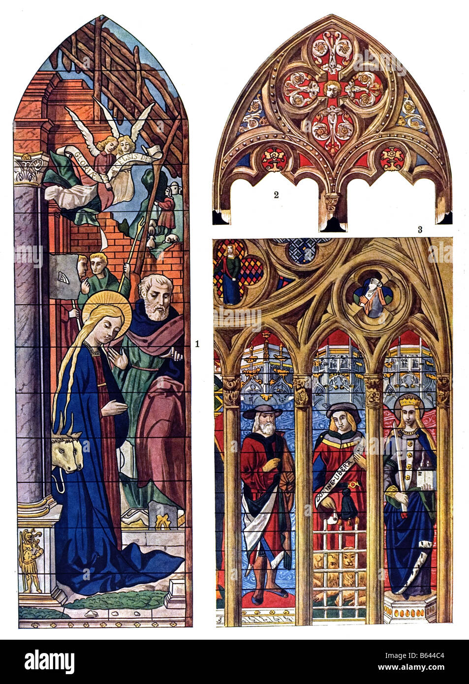 Mittelalterliche Ornament in Spanien, Glasmalereien. Stockfoto