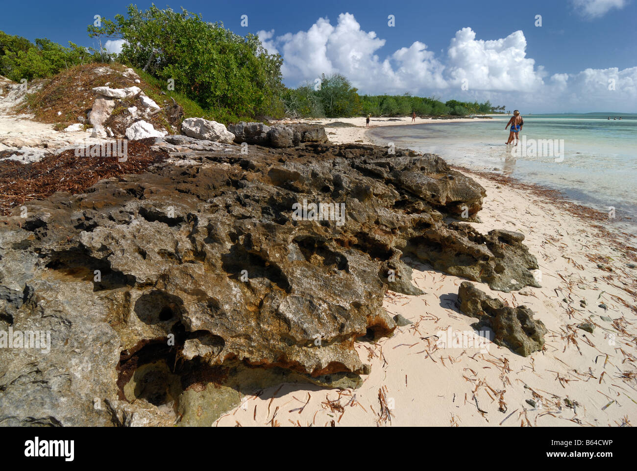 Urlauber Fuß den Strand von Little Stirrup Cay, Bahamas - eines der Berry-Inseln - eine Sammlung von Inseln und Inselchen. Stockfoto