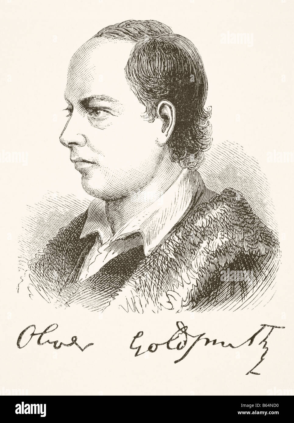 Oliver Goldsmith, 1728-1774. Englisch-irischer Dramatiker, Schriftsteller, Dramatiker, Dichter und Essayist. Sein Porträt und seine Unterschrift. Stockfoto