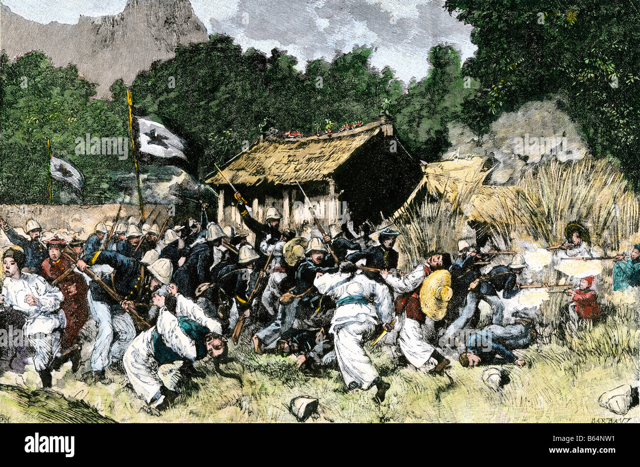 Die französischen Truppen capture Langson in Indochina Vietnam 1885. Hand - farbige Holzschnitt Stockfoto