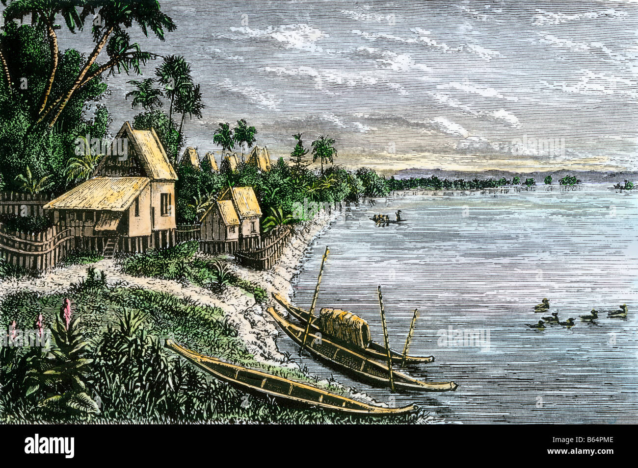 Native Village auf dem Mekong Fluss Ufer in Khong, auf der Laos-Cambodia Grenze 1800. Hand - farbige Holzschnitt Stockfoto