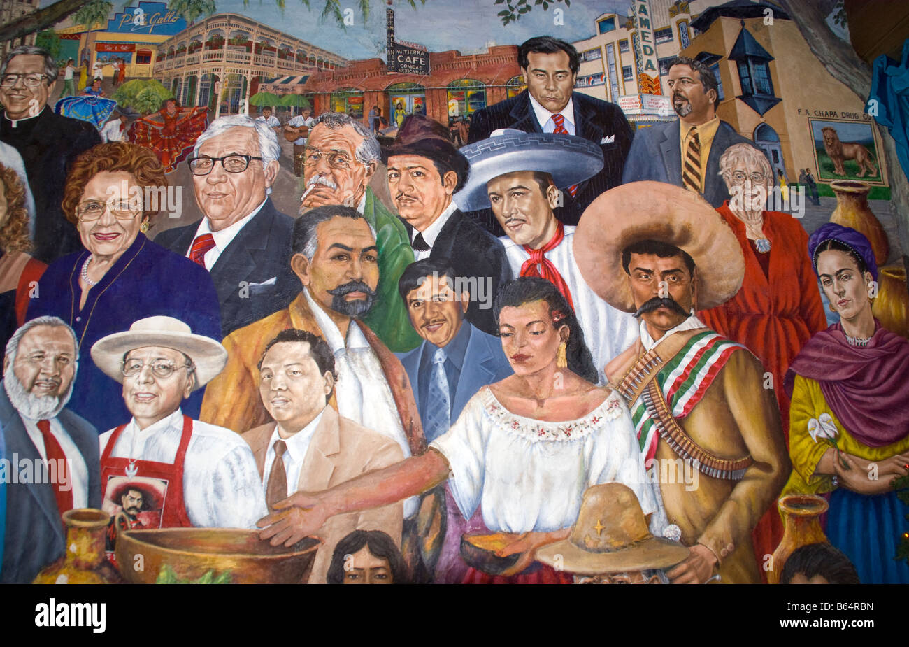 San Antonio Mi Tierra mexikanisches Restaurant, Marktplatz, historische Wandgemälde des berühmten San Antonians Stockfoto