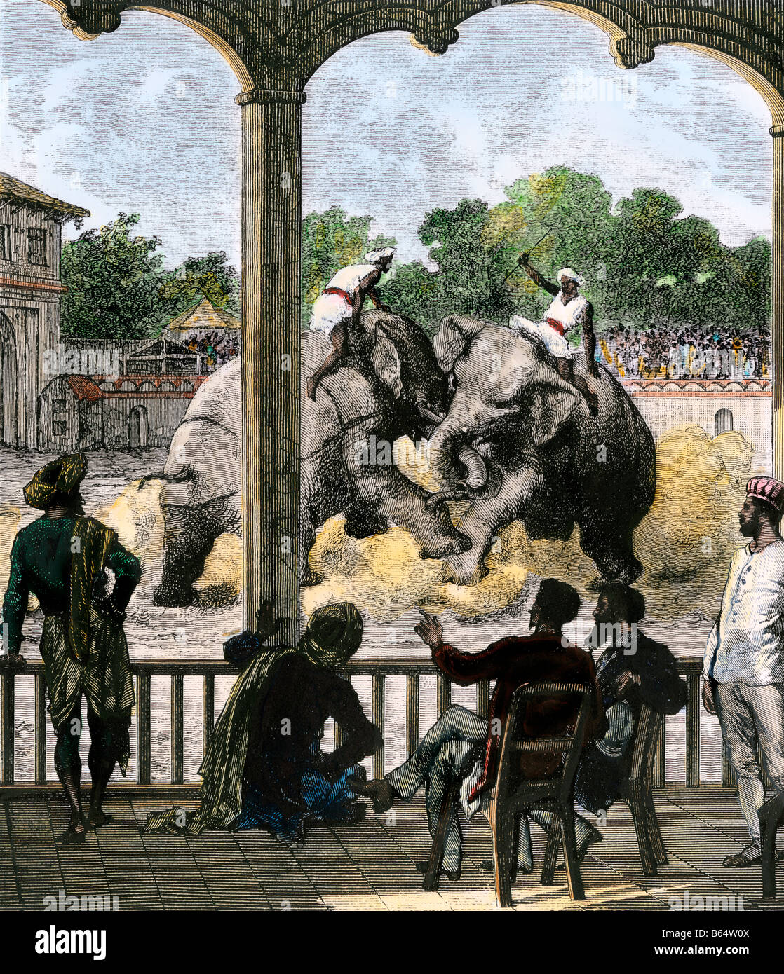 Britische Beamte gerade ein Duell von Elefanten in Baroda Indien 1870. Hand - farbige Holzschnitt Stockfoto