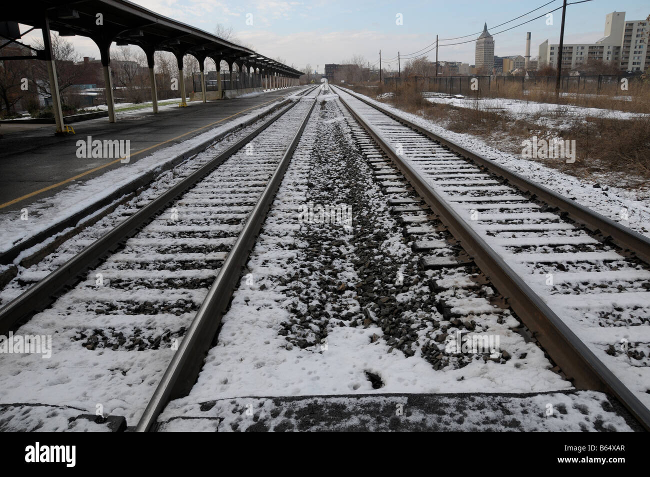 Konvergierenden Schienen in Rochester NY Amtrak-Bahnhof. Stockfoto