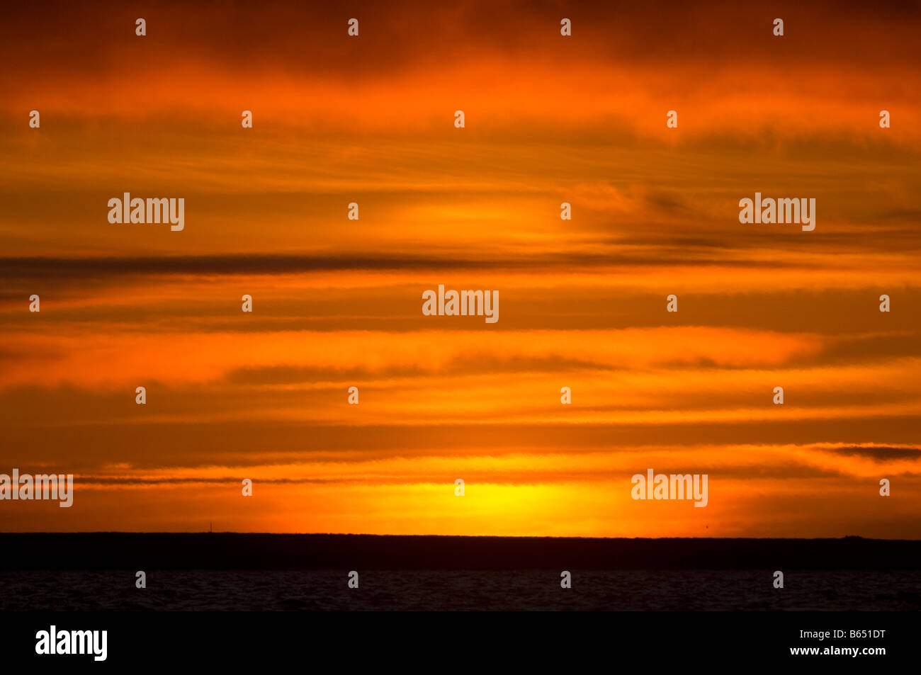 Sommersonnenuntergang spiegelte sich glühend in Wolken über einem meeisfreien Beaufort Sea 1002 Gebiet des Arctic National Wildlife Refuge, North Slope, Alaska Stockfoto