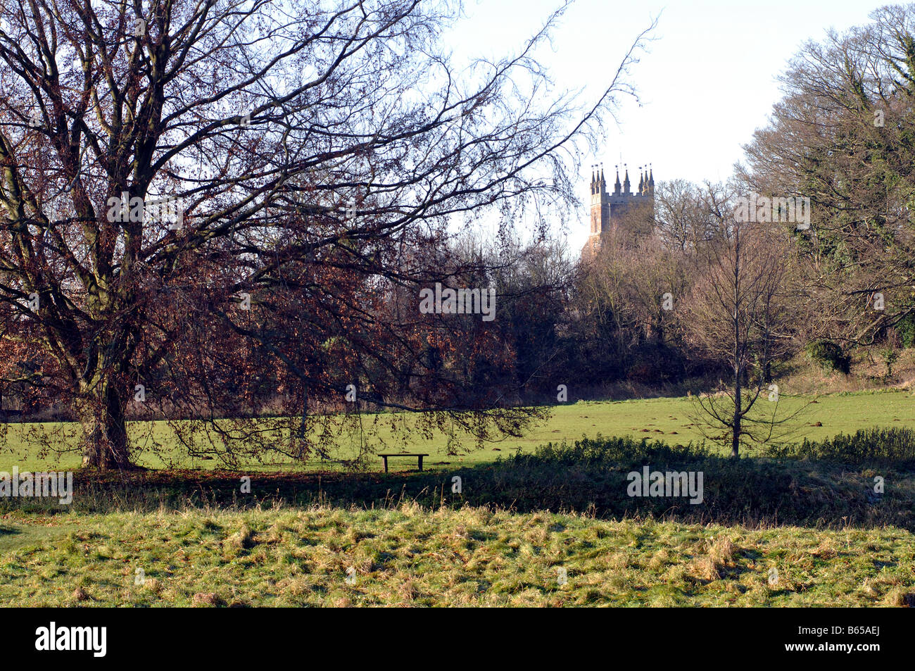 Blick vom Deddington Schloss in St. Peter und St. Paul Kirche, Deddington, Oxfordshire, England, Vereinigtes Königreich Stockfoto