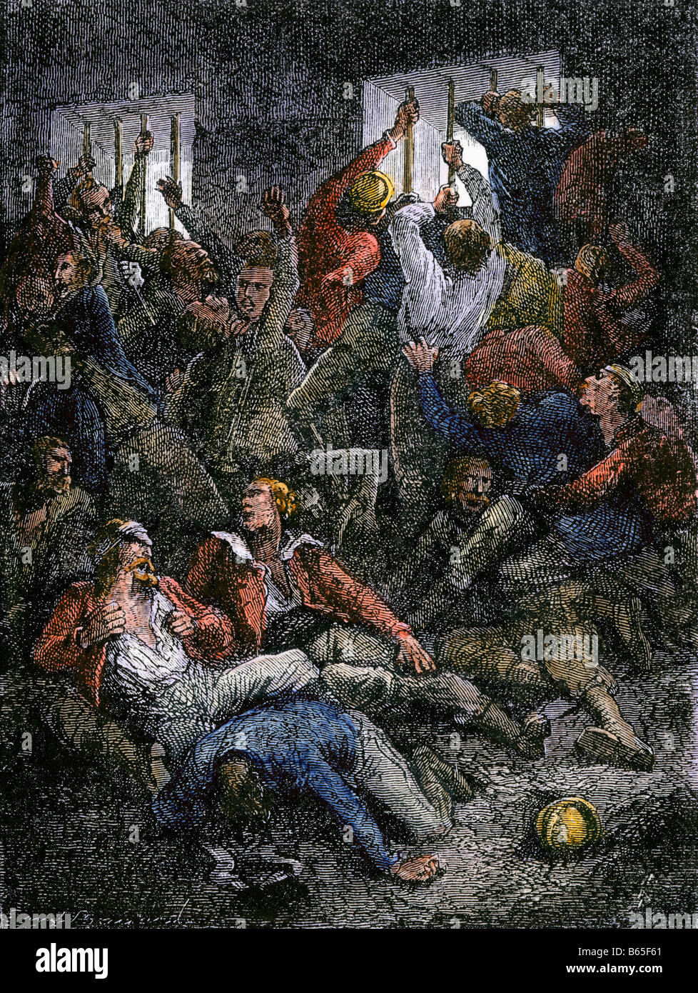 Englische Offiziere in das Schwarze Loch von Kalkutta, Indien 1756 inhaftiert. Hand - farbige Holzschnitt Stockfoto