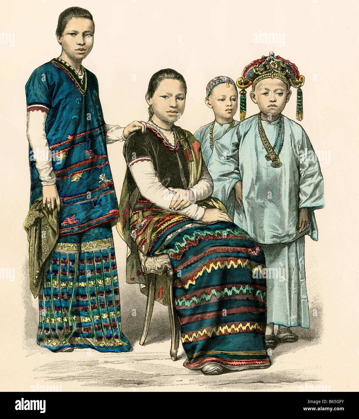 Karenni Frauen und Kinder der Berge aus Burma (Myanmar) 1800. Hand-farbig drucken Stockfoto