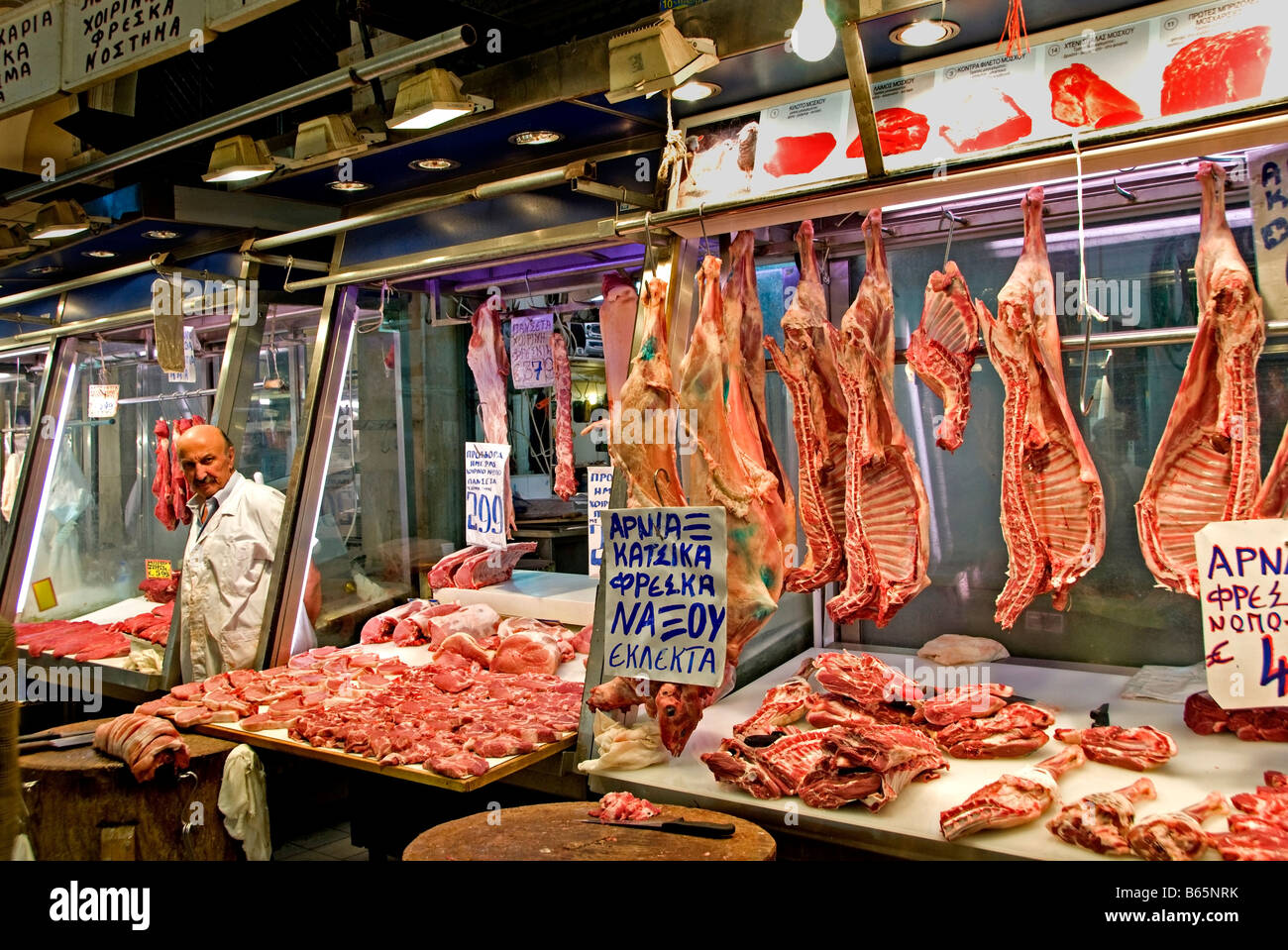 Metzgerei Fleisch zentralen Lebensmittelmarkt Athen Griechenland Griechisch Stockfoto