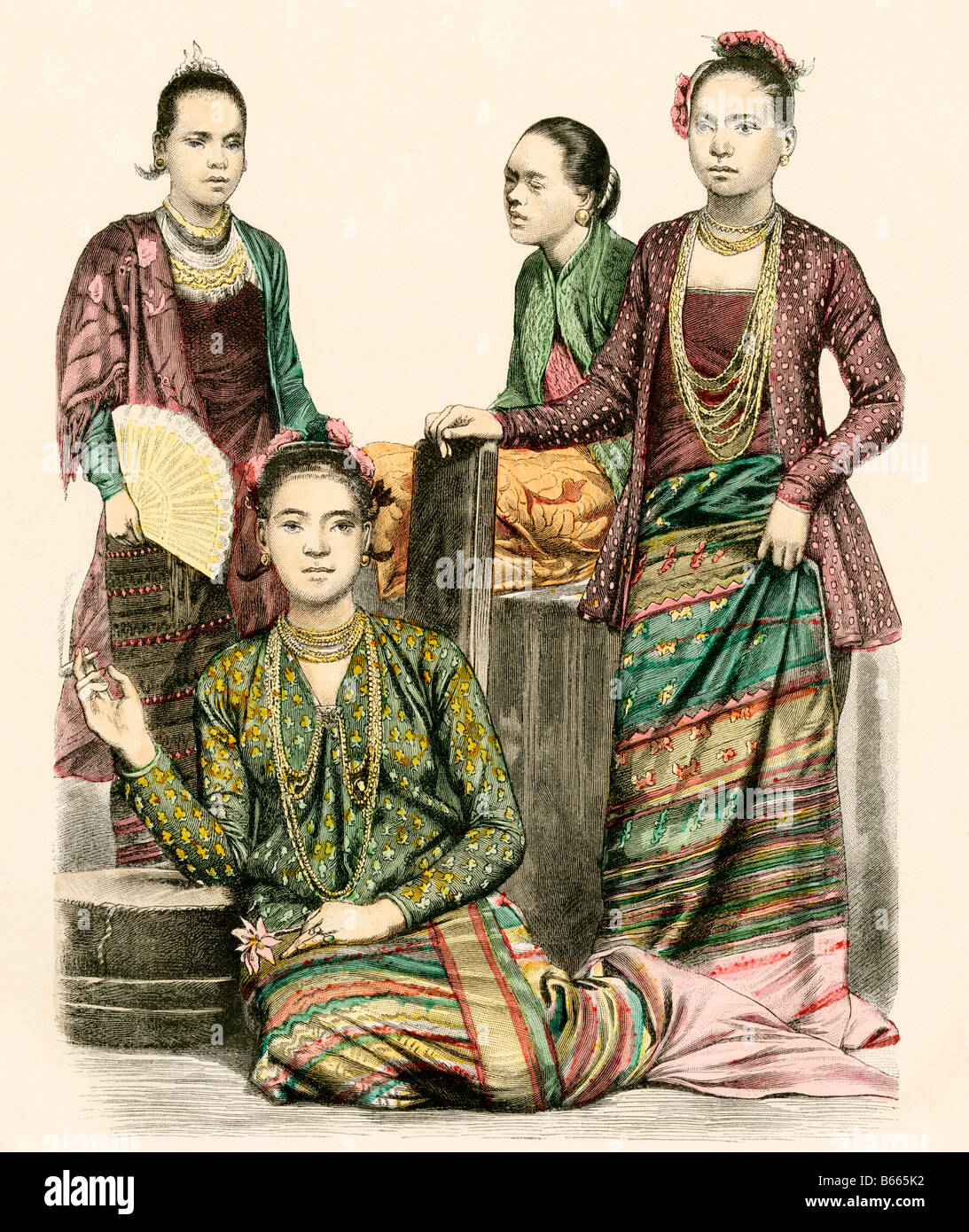 Frauen aus Burma, heute Myanmar, in traditioneller Kleidung 1800. Hand-farbig drucken Stockfoto