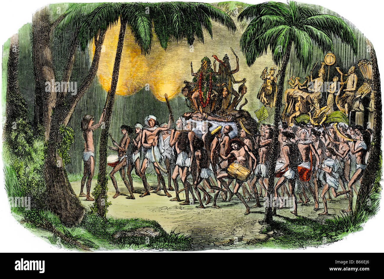 Kaleepoojah oder Fest der Schläger, Indien 1800. Hand - farbige Holzschnitt Stockfoto