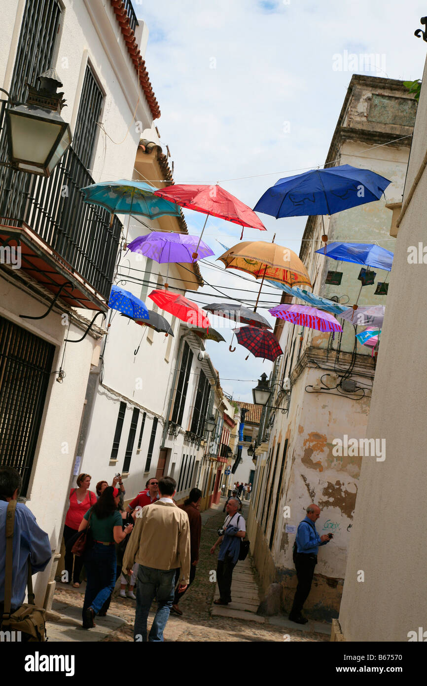 Kunstinstallation von Regenschirmen von Anwohnern in einer Straße in Córdoba, Spanien Stockfoto Kunstinstallation von Regenschirmen von Anwohnern in einer Straße in Córdoba, Spanien Stockfoto