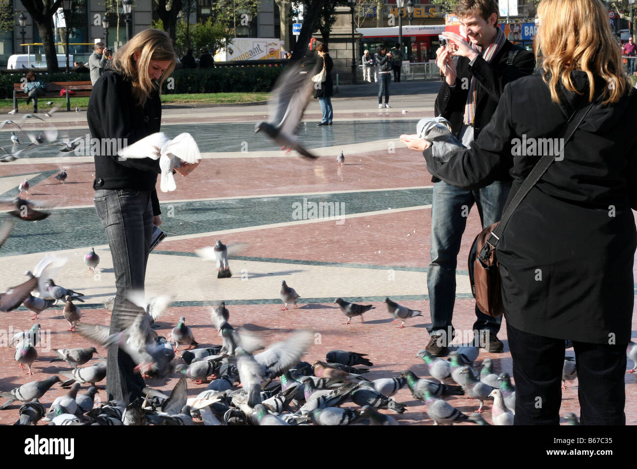Touristen, die Fütterung der Tauben in Plaza Catalunya, Barcelona, Spanien Stockfoto