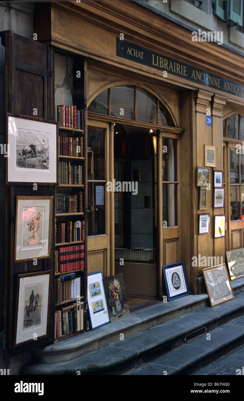 Antike und seltene Buchhandlung und print Händler, Grand Rue, alte Stadt Genf, Schweiz Stockfoto