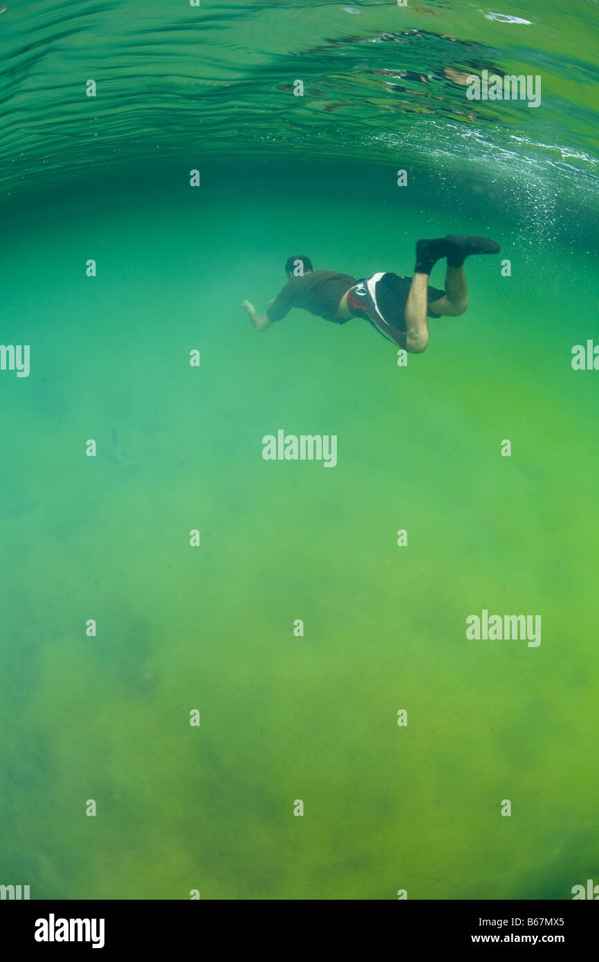 Schnorchler erforscht einzigartige Marine Lake Raja Ampat West Papua Indonesien Stockfoto