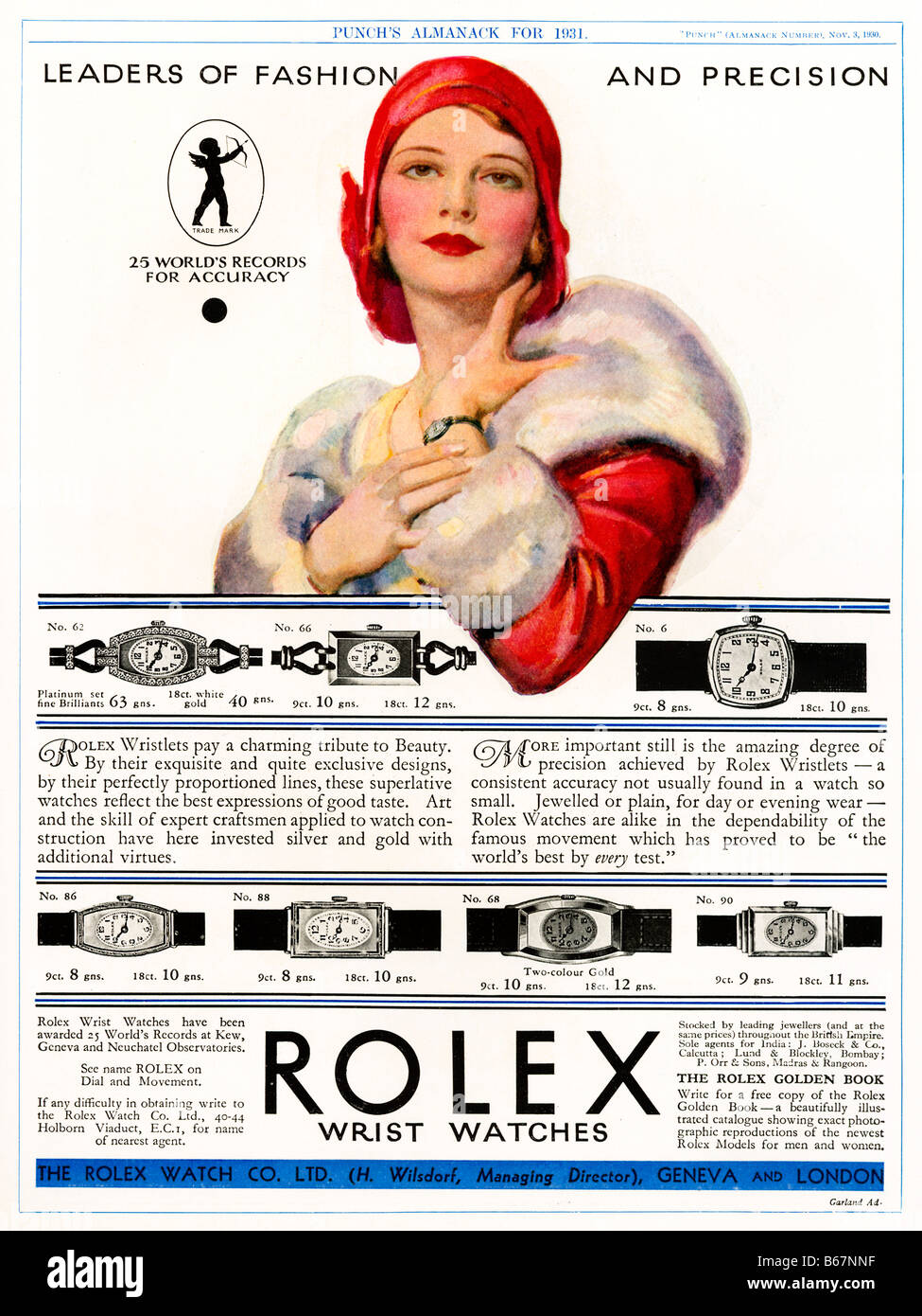 Rolex Handgelenk Uhren 1930 englischen Magazin Werbung für die Schweizer Armbanduhren Leaders of Fashion und Präzision Stockfoto