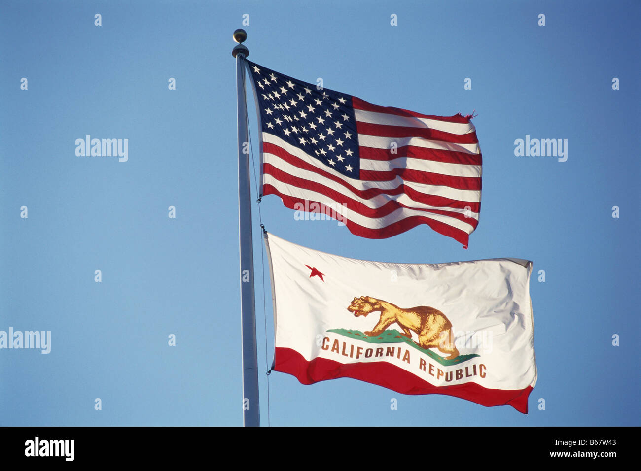 Tragen Sie, Flagge, Flagge von Kalifornien und der US-Flagge, Stars and Stripes, der Plaza, Sonoma Valley, Kalifornien, USA Stockfoto