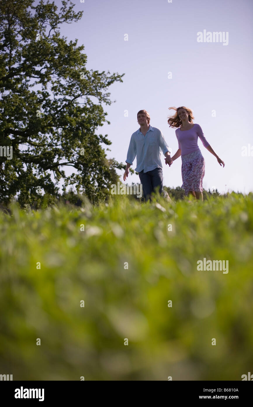 Paare, die sich auf Wiese, Hand in Hand Stockfoto