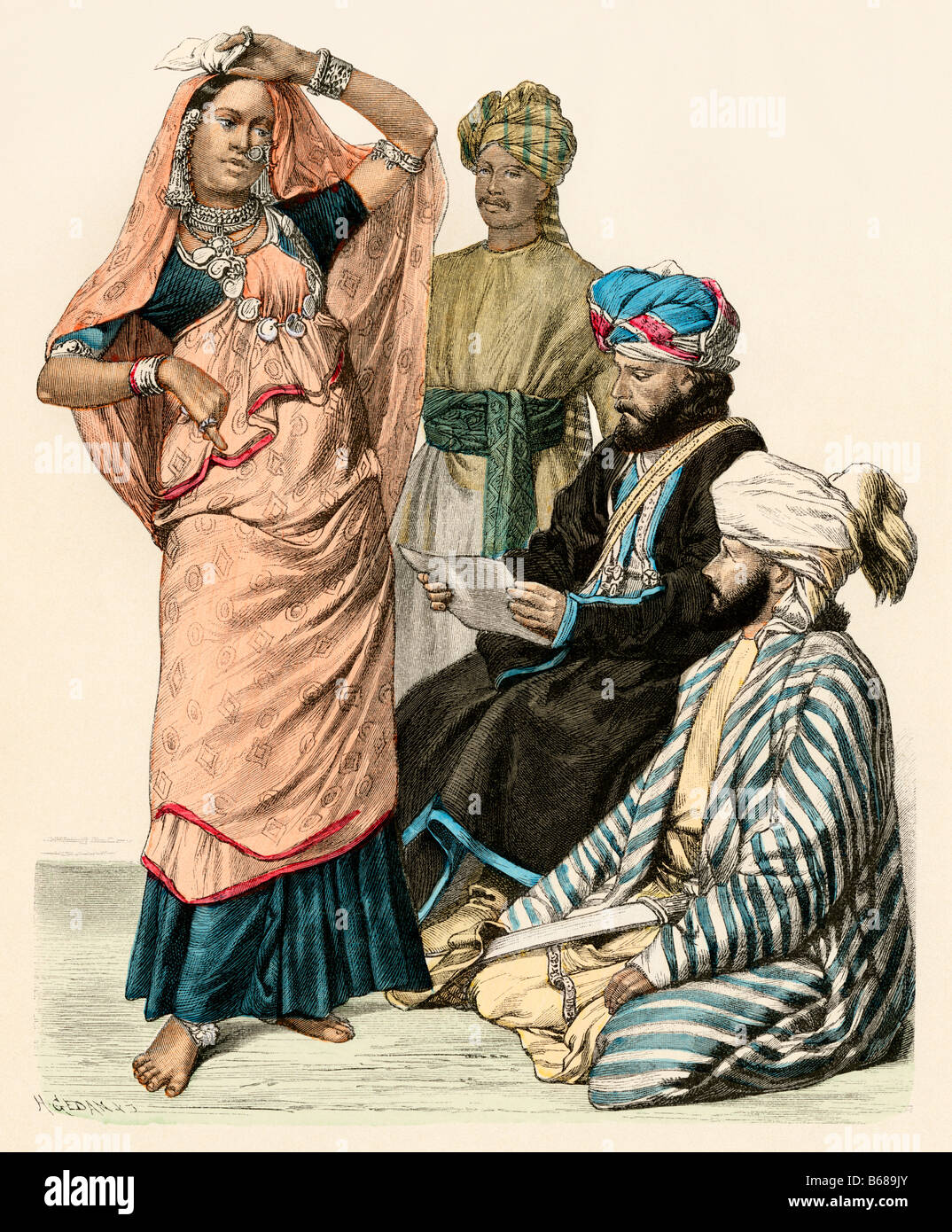 Tänzer aus Indien und Männer aus Afghanistan. Hand-farbig drucken Stockfoto