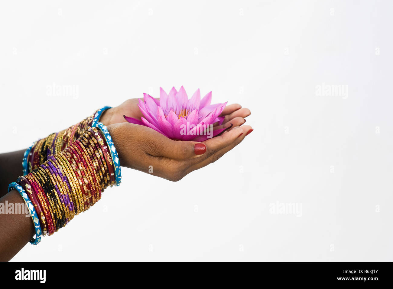 Indische Frau bietet eine Nymphaea tropische Seerose Blume in ihrer hohlen Hand. Indien Stockfoto