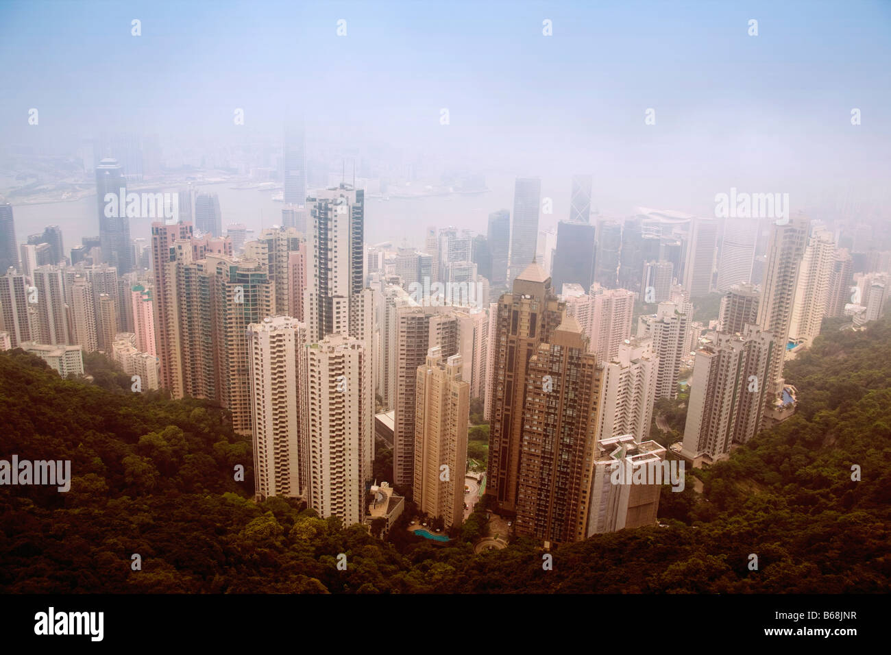 Luftaufnahme von Wolkenkratzern in einer Stadt, Hong Kong Island, Hongkong, China Stockfoto