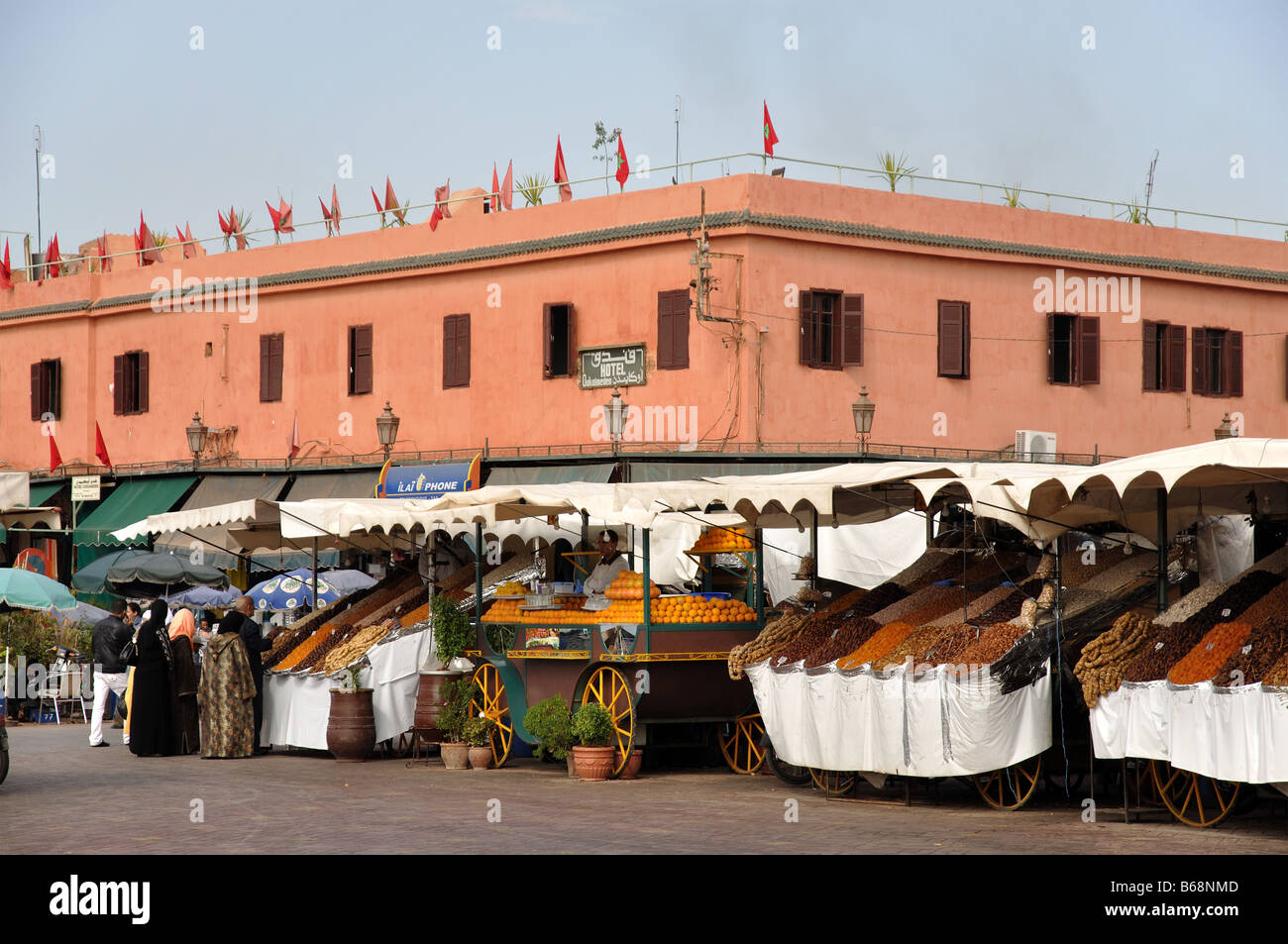 Marktstand am Djemaa el Fna Platz in Marrakesch, Marokko Stockfoto