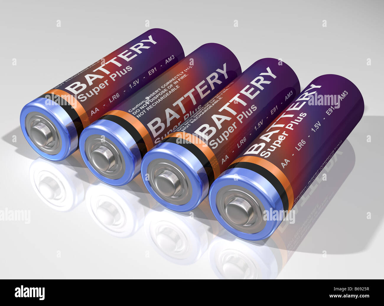 Abbildung von vier Batterien liegen zusammen auf einer reflektierenden Oberfläche Stockfoto