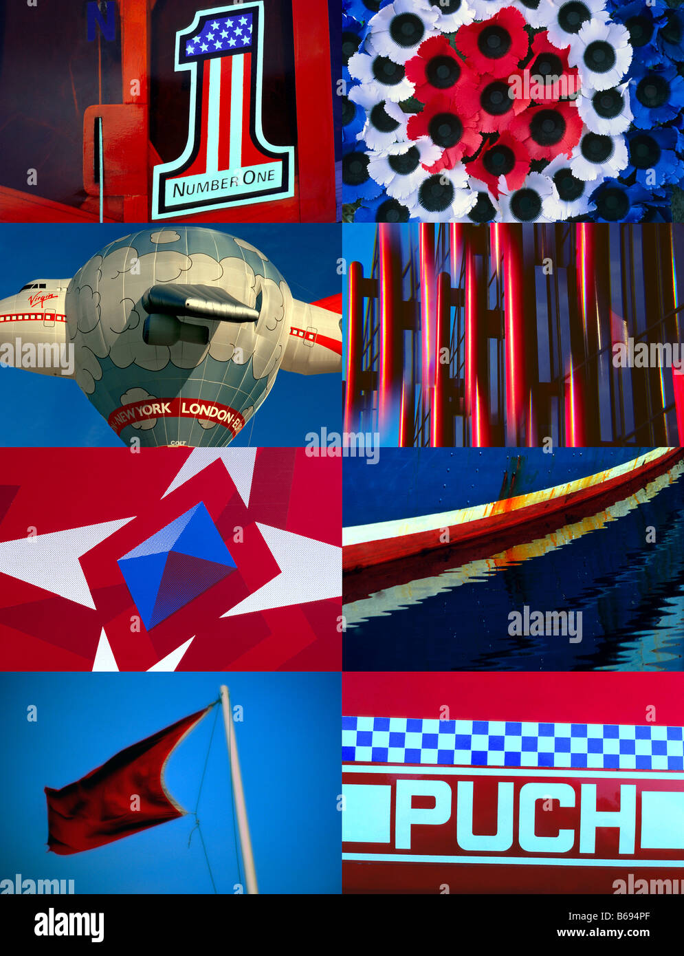 Mehrere 8 x Bild Hochformat Montage - rot, weiß und blau Themen. Stockfoto