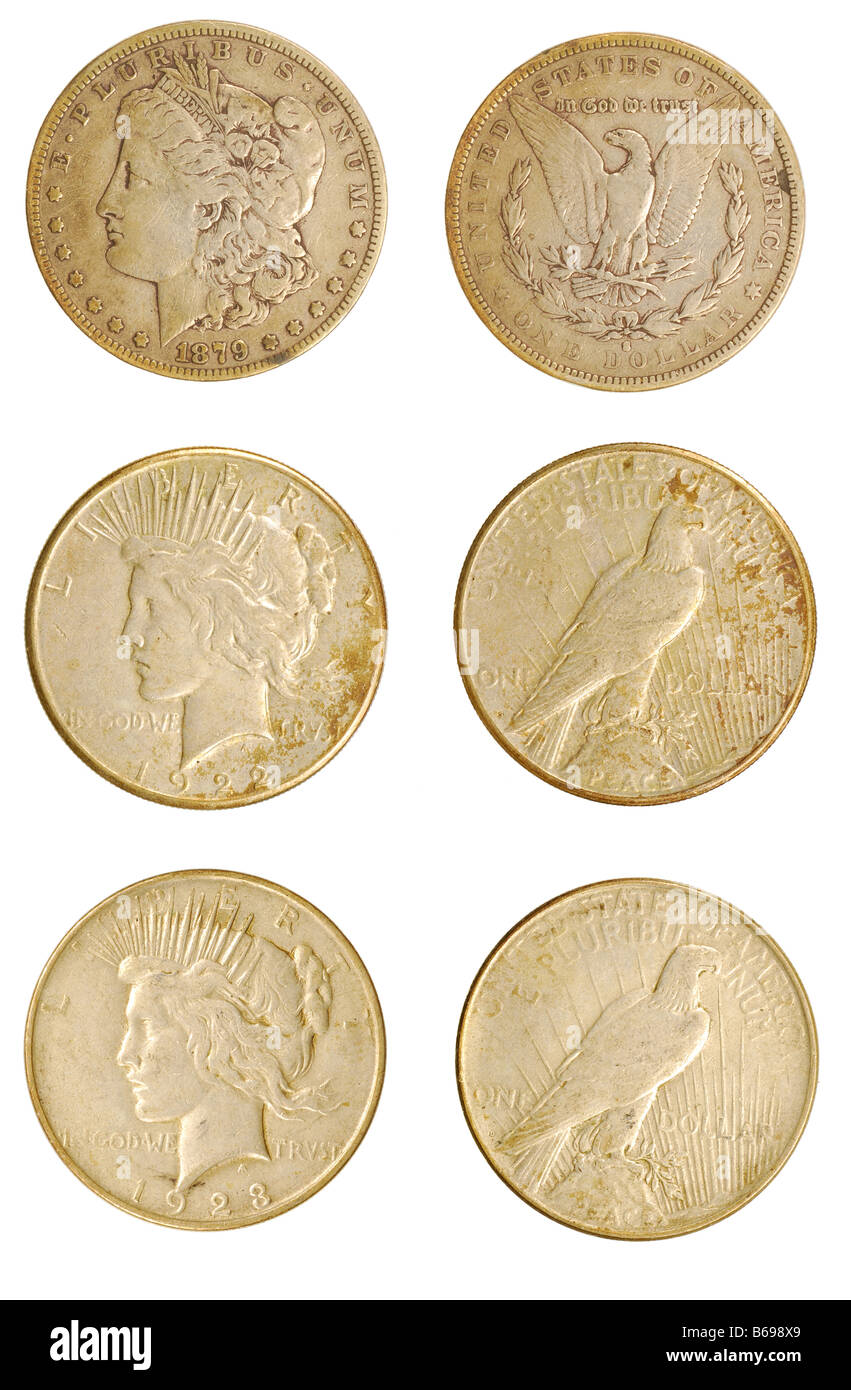 Beiden Seiten der drei antiken Liberty Dollar-Münzen, die isoliert auf weiss Stockfoto