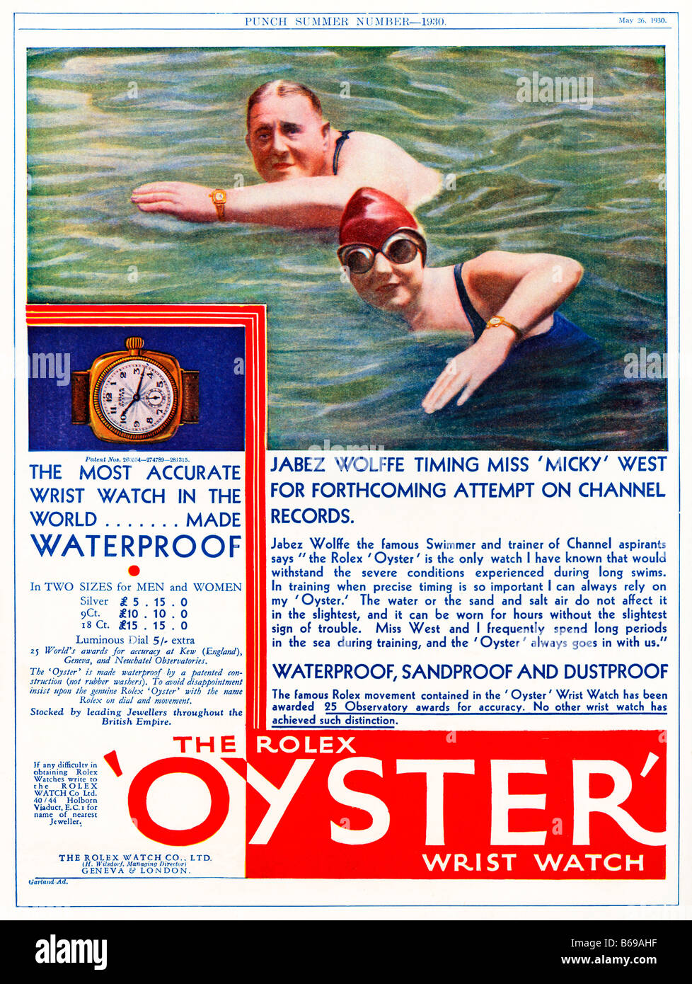 Rolex Oyster 1930 n. Chr. für die Schweizer wasserdichte Armbanduhr mit Jabez Wolffe training Micky West, den Kanal zu schwimmen Stockfoto