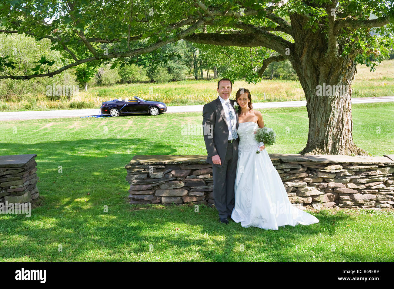 Frisch vermählte Paar steht in einem Park, East Meredith, New York State, USA Stockfoto