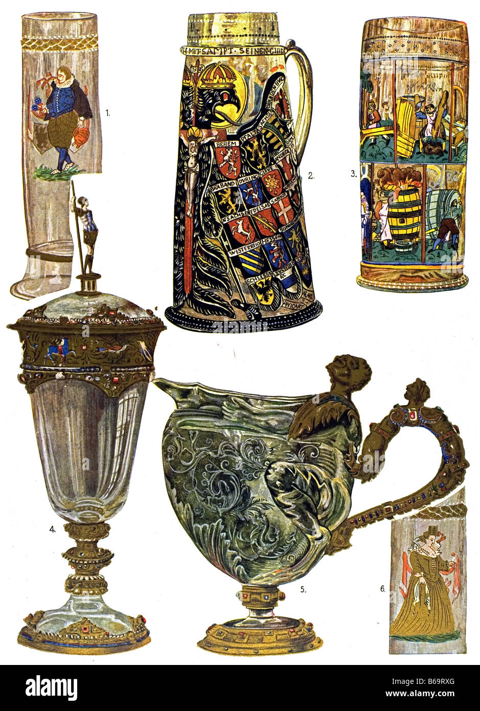 Das Deutsch-Ornament, Gefäße aus Glas und Bergkristall Stockfoto