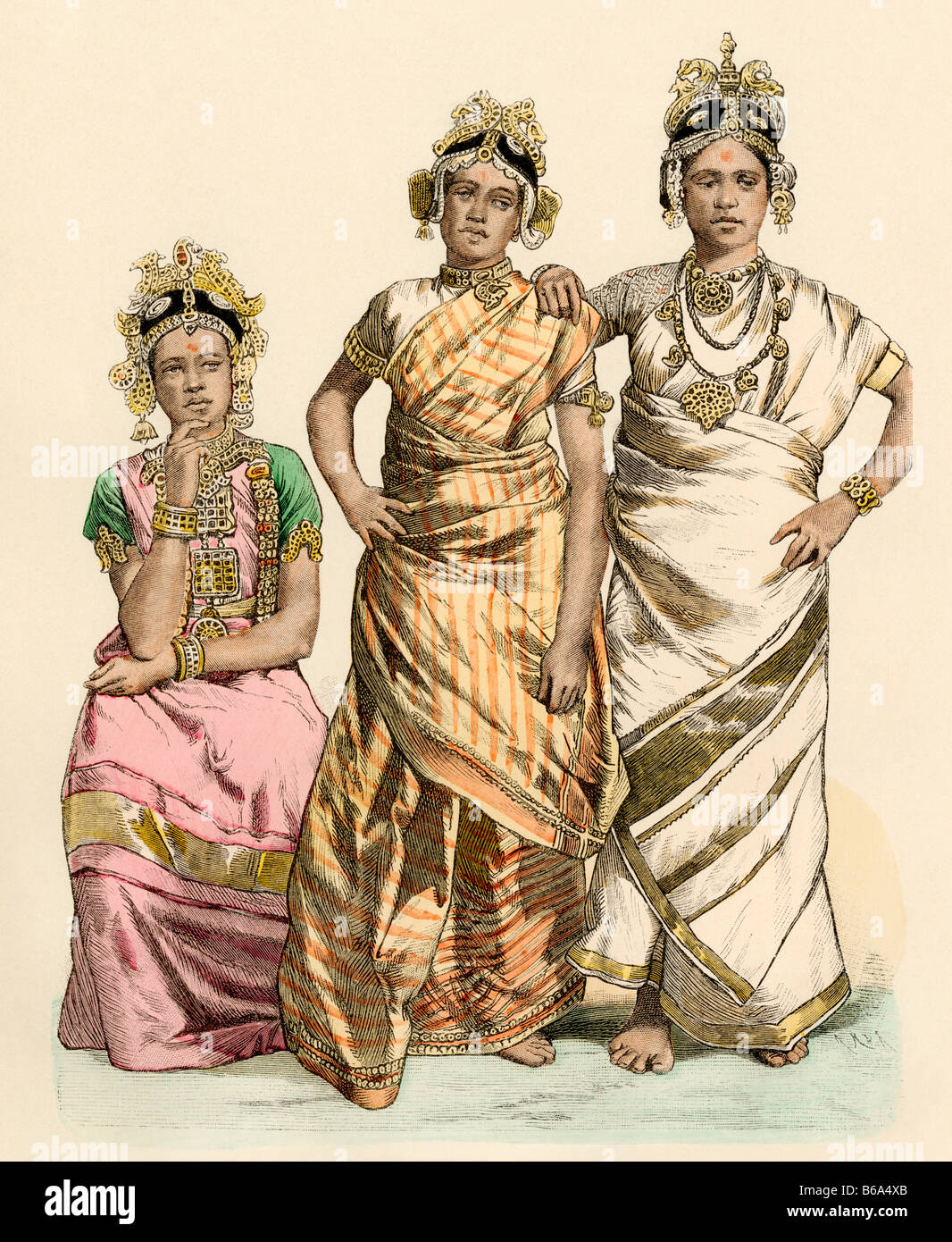 Frauen von Jaffna Ceylon, Sri Lanka, in ihren schönsten traditionelle  Kleidung. Hand-farbig drucken Stockfotografie - Alamy