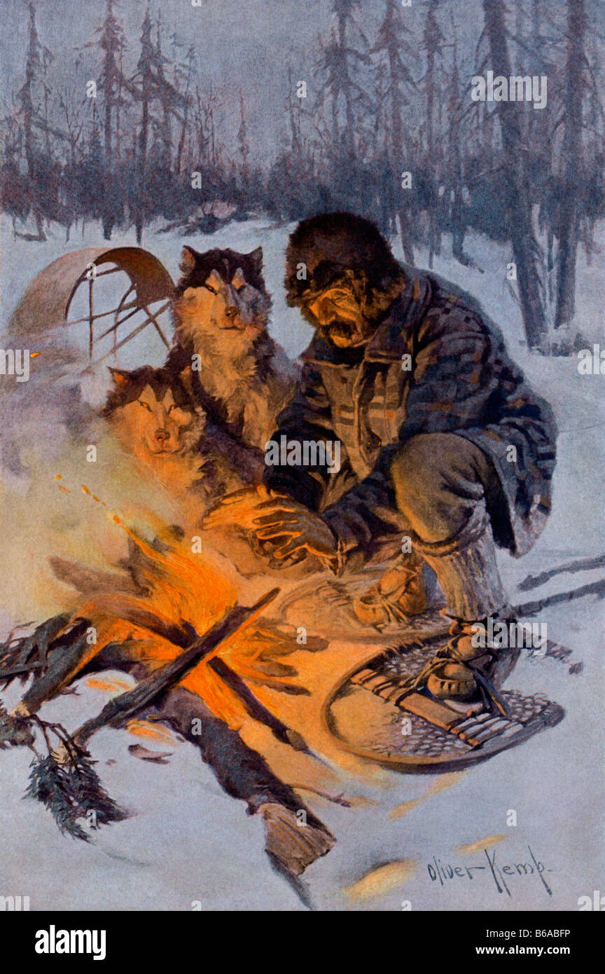 Schneeschuh Traveler und seine Arktis hund Team an einem Lagerfeuer. Farbe halftone eines Oliver Kemp Abbildung Stockfoto