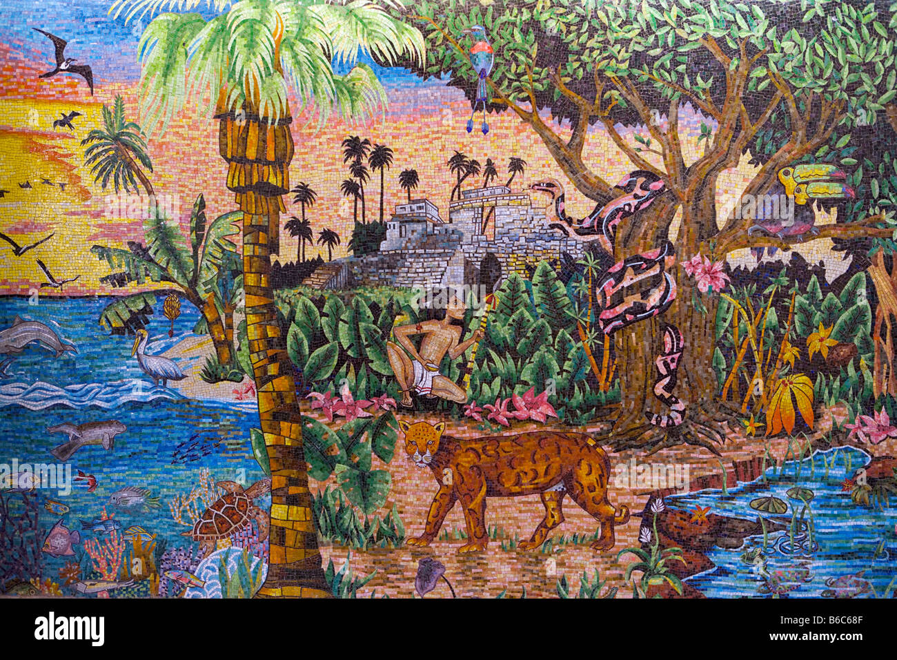 Mexiko, Quintana Roo, Tulum, Naturpark Xcaret. Mosaik, Vertretung der Maya-Geschichte und Tierwelt von Yucatan. Stockfoto