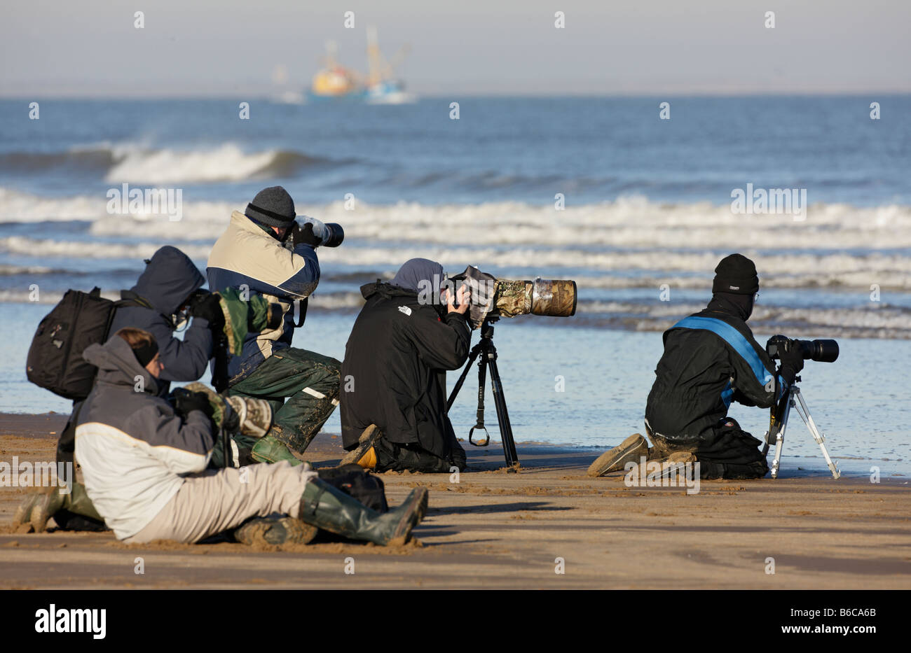 Gruppe von Fotografen auf Küstenlinie Donna Nook Lincolshire Stockfoto