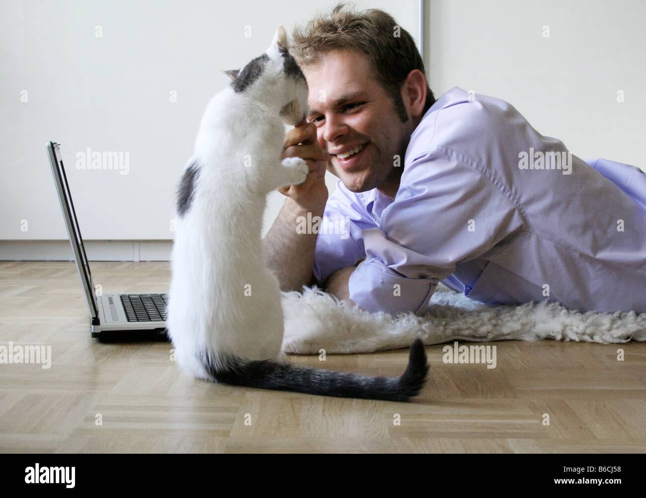 Seitenprofil junger Mann Fütterung Katze Stockfoto