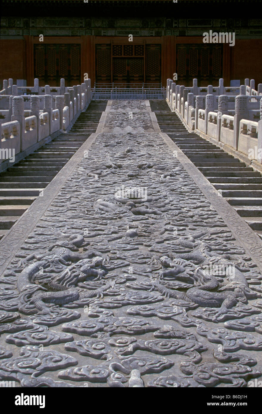 Drachen aus Marmor Rampe, Halle der höchsten Harmonie, Taihedian, Verbotene Stadt, Peking, Peking, China, Asien Stockfoto