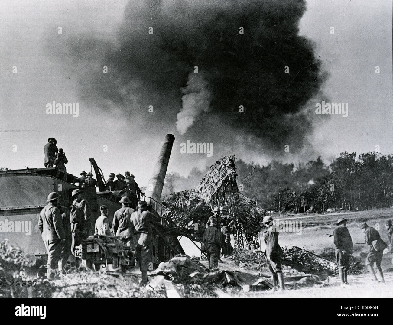 ERSTEN Weltkrieg amerikanische Armee Crew mit ihren 14-Zoll-Waggon montiert Pistole in den Argonnen-Frankreich im Oktober 1918 Stockfoto