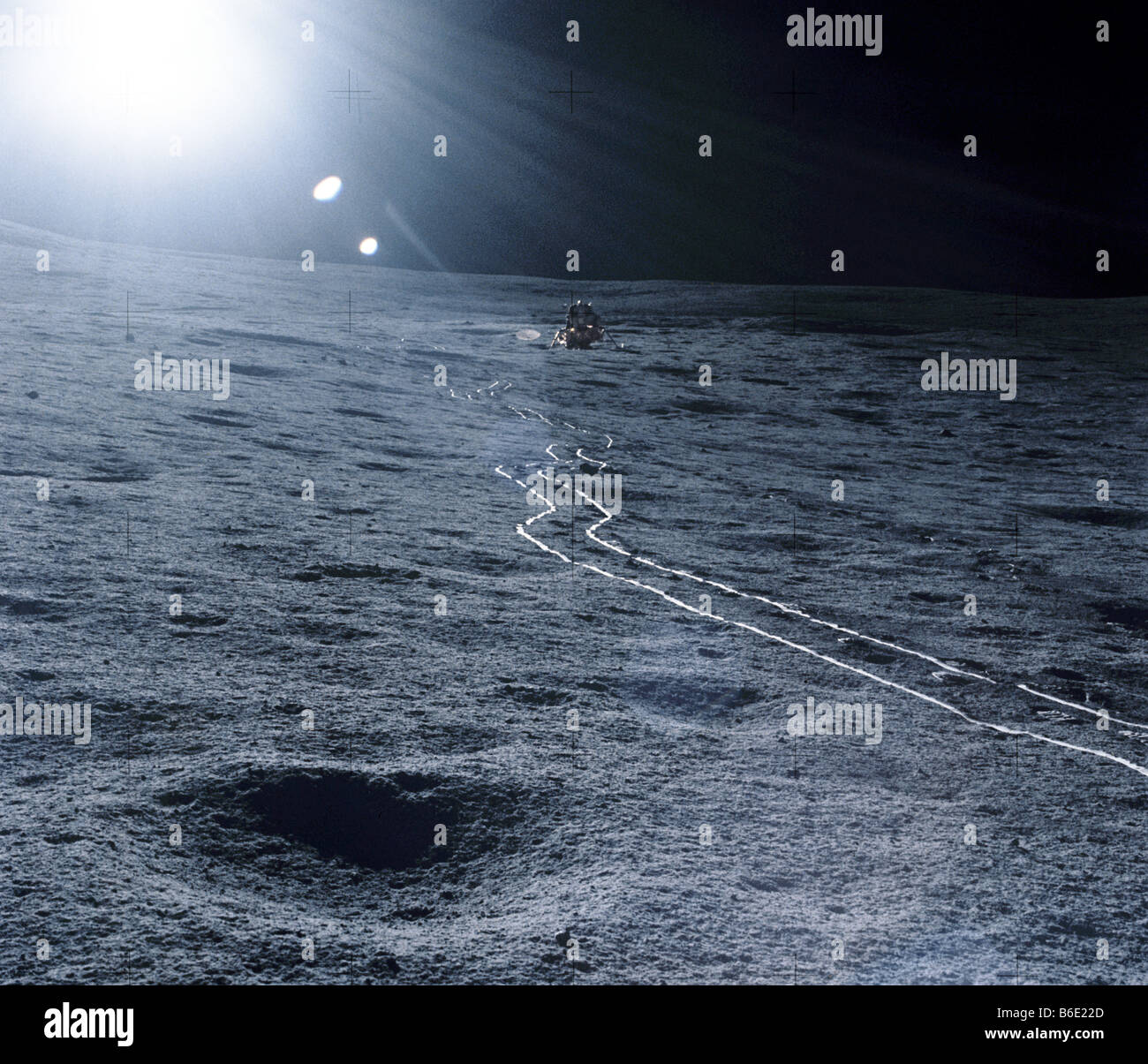 Mondlandung-Modul. Die Antares-Lander (oben Mitte) im Fra Mauro-Bereich auf der Oberfläche des Mondes. Stockfoto