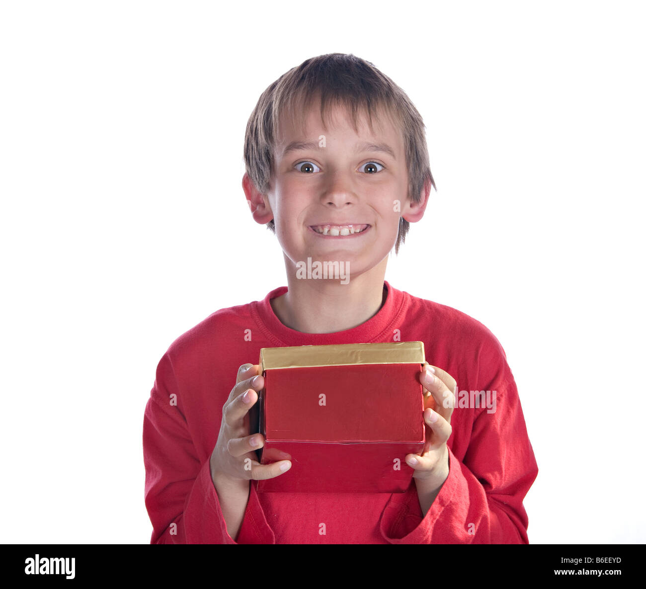 Bild eines jungen mit Gegenwart auf weiß Stockfoto