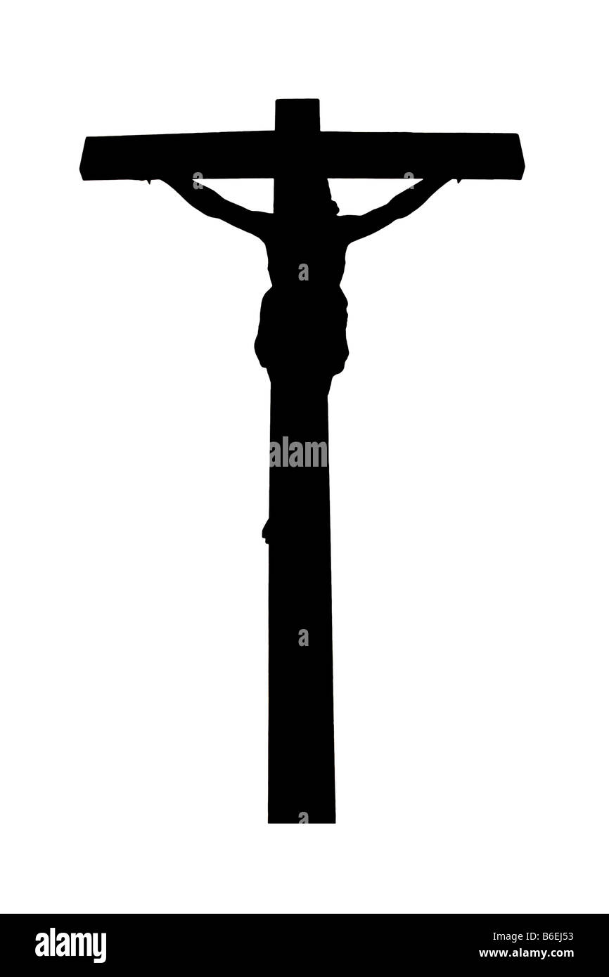 Jesus Christus gekreuzigt in Golgatha / Kreuzigung Ostern Kruzifix Golgatha Leidenschaft beleuchtete Silhouette kreuz Religion weißen Hintergrund ausschneiden Ausschnitt Stockfoto