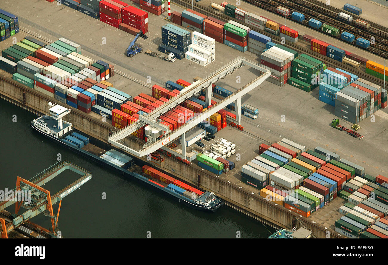 Luftaufnahme des Rhein-Ruhr-Hafen Container-terminal, Duisburg, Ruhrgebiet, Nordrhein-Westfalen, Deutschland, Europa Stockfoto