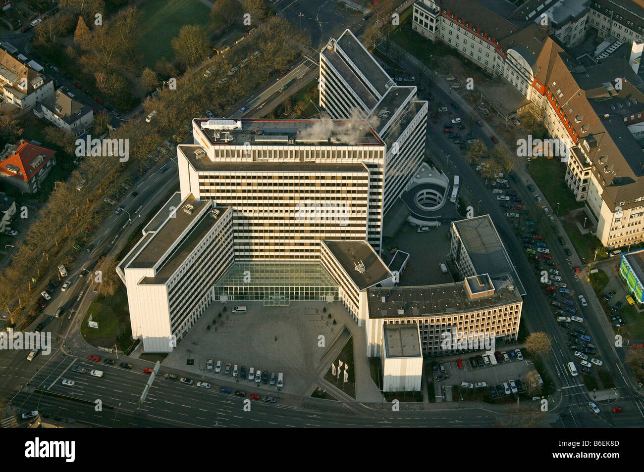 Luftbild, EON-Ruhrgas-zentrale, Gasversorgung, Energieversorgungsunternehmen, mehrstöckige Bürogebäude, Essen, Ruhrgebiet, Nr. Stockfoto
