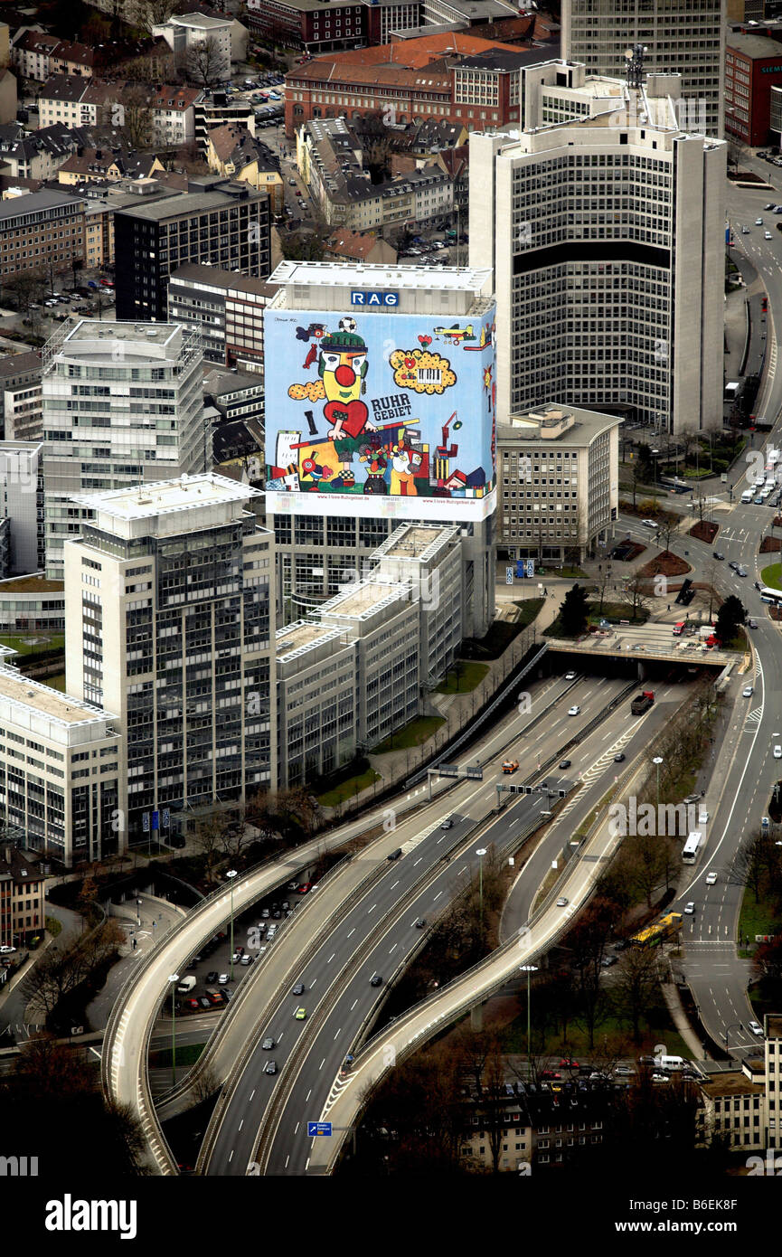 Luftbild, Kunstwerk von Verschleierung RAG Gebäude, Essen-Mitte, Otmar Alt, Ruhrgebiet, Nordrhein-Westfalen, Deutschland, Europa Stockfoto
