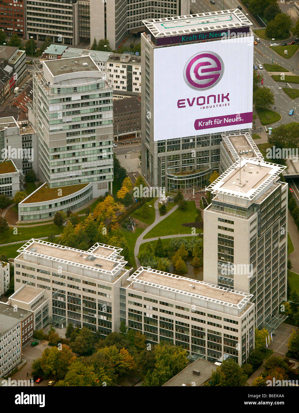 Luftbild der ehemaligen RAG Gruppenbildung unter dem neuen Firmennamen EVONIK, den Kopf Vierteln der Evonik Industries AG, E Stockfoto